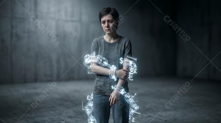 Foto Mulher Triste Acorrentada Dívidas Financeiras Conceitual