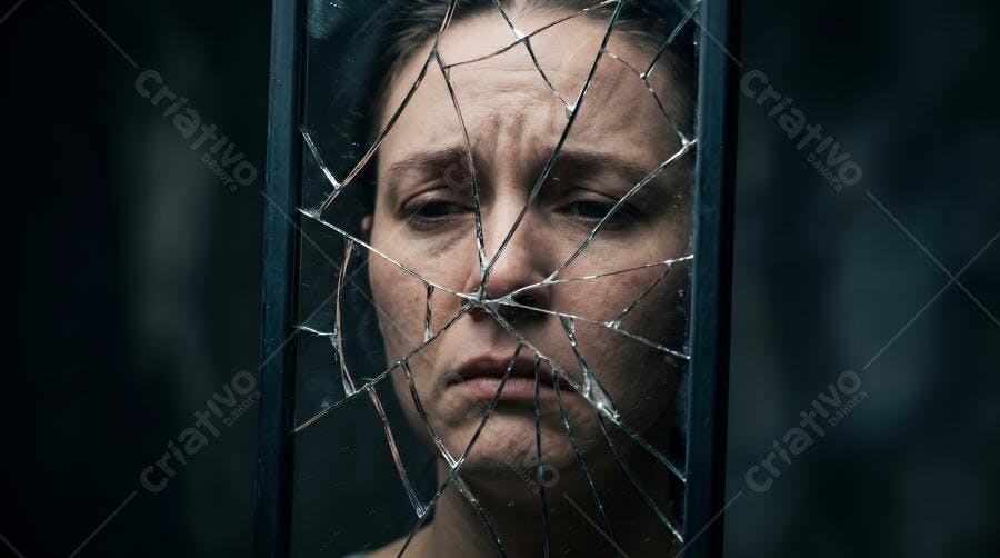 Foto Mulher Triste Refletida Espelho Quebrado Angústia