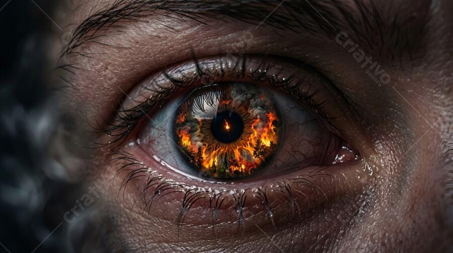 Foto Olho Humano Íris em Chamas Fogo Intenso Close-up
