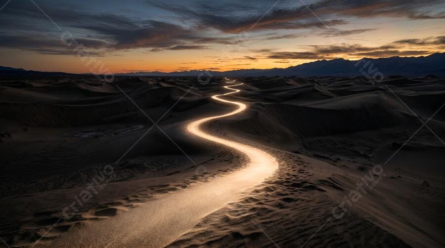 Foto Paisagem Deserto Dunas Caminho Iluminado Pôr do Sol