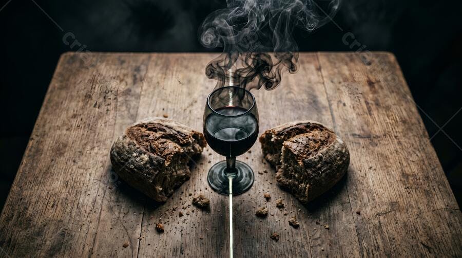 Foto Pão Rústico Vinho Tinto Vapor Mesa Madeira Escura