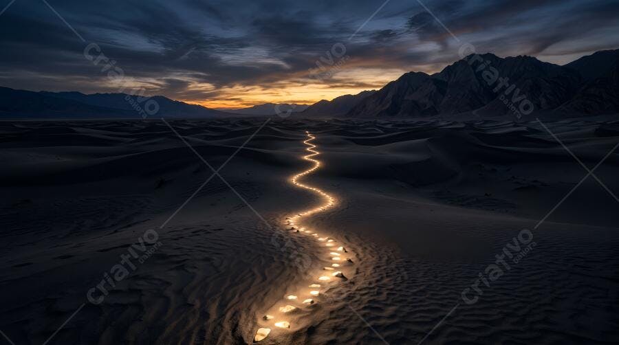 Foto Pegadas Iluminadas Deserto Noturno Montanhas Pôr do Sol