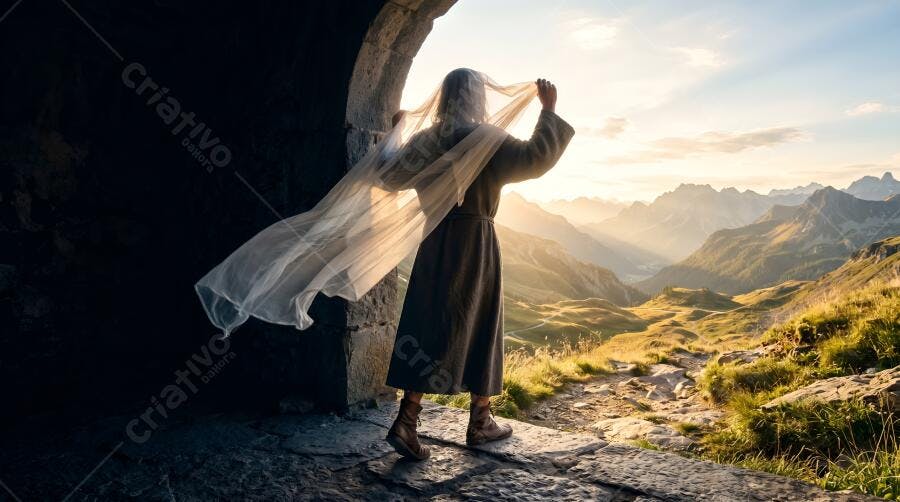 Foto Pessoa Saindo Caverna Montanhas Luz Dourada Esperança