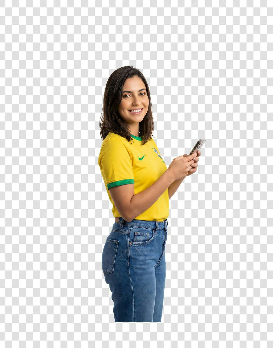 Foto Recortada Mulher Camisa Brasil Celular PNG Fundo Transparente