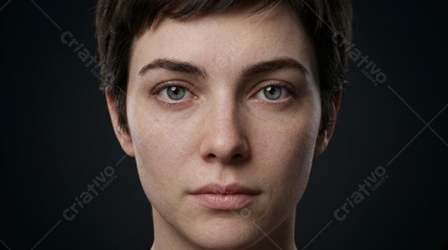 Foto Retrato Mulher Jovem Olhos Azuis Cabelo Curto Fundo Escuro