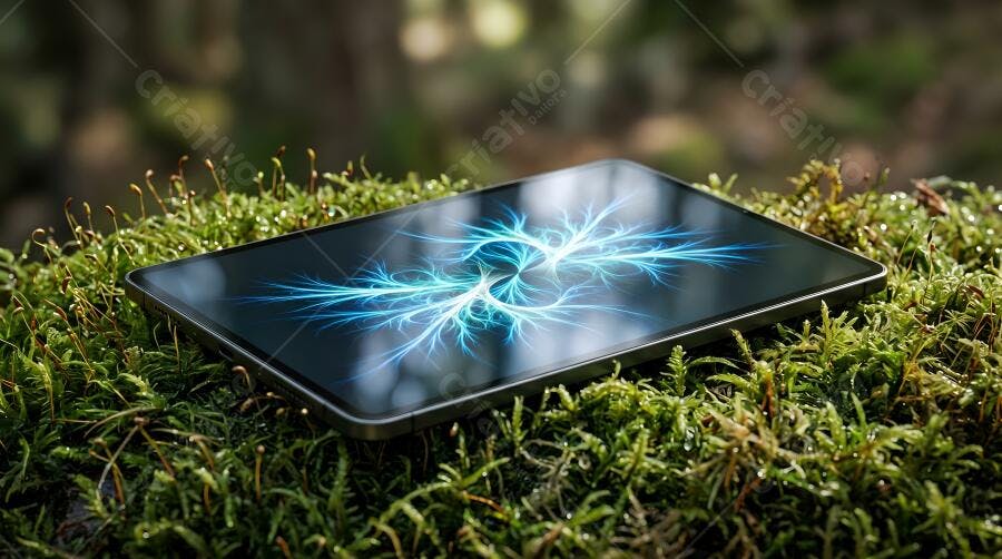 Foto Tablet em Musgo com Tela Abstrata Azul Natureza