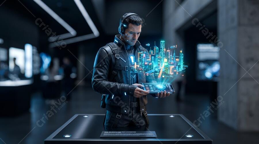 Homem Tecnologia Futuro Cidade Holográfica Realidade Aumentada