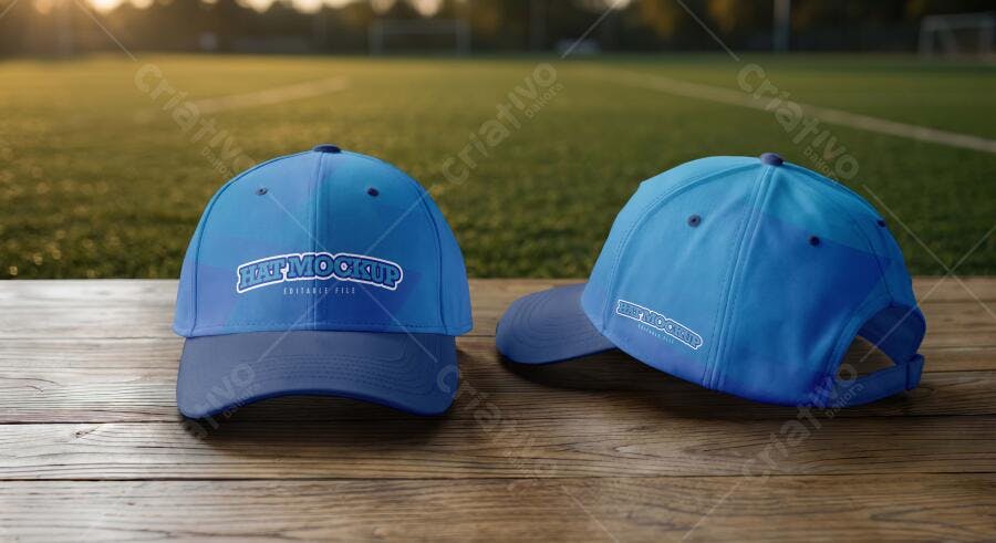 Mockup Boné Azul Frente e Costas Mesa Madeira Editável