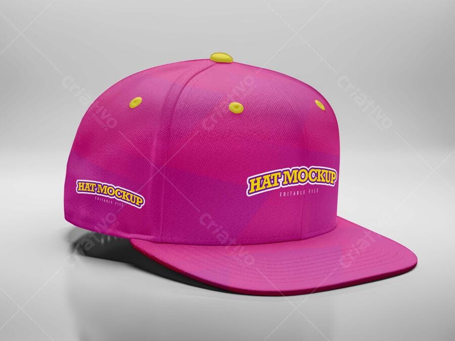 Mockup Boné Rosa Snapback 3/4 Fundo Cinza Editável