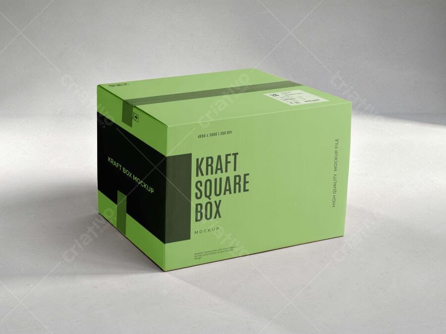 Mockup Caixa Quadrada Papelão Verde Fundo Branco Editável