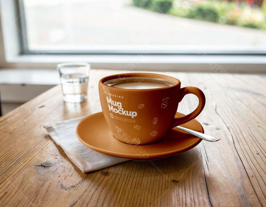 Mockup Caneca Café Cerâmica Mesa Madeira Editável