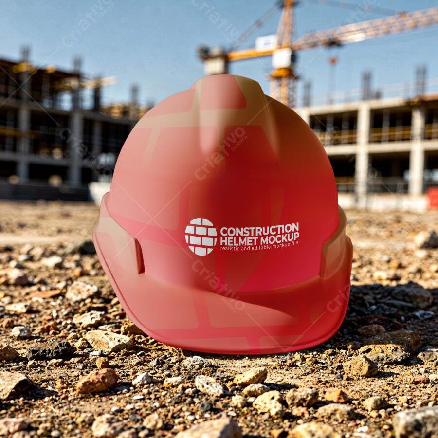 Mockup Capacete Construção Vermelho Canteiro de Obras Editável