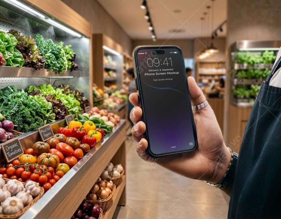 Mockup Celular Mãos Segurando Supermercado Orgânico Editável
