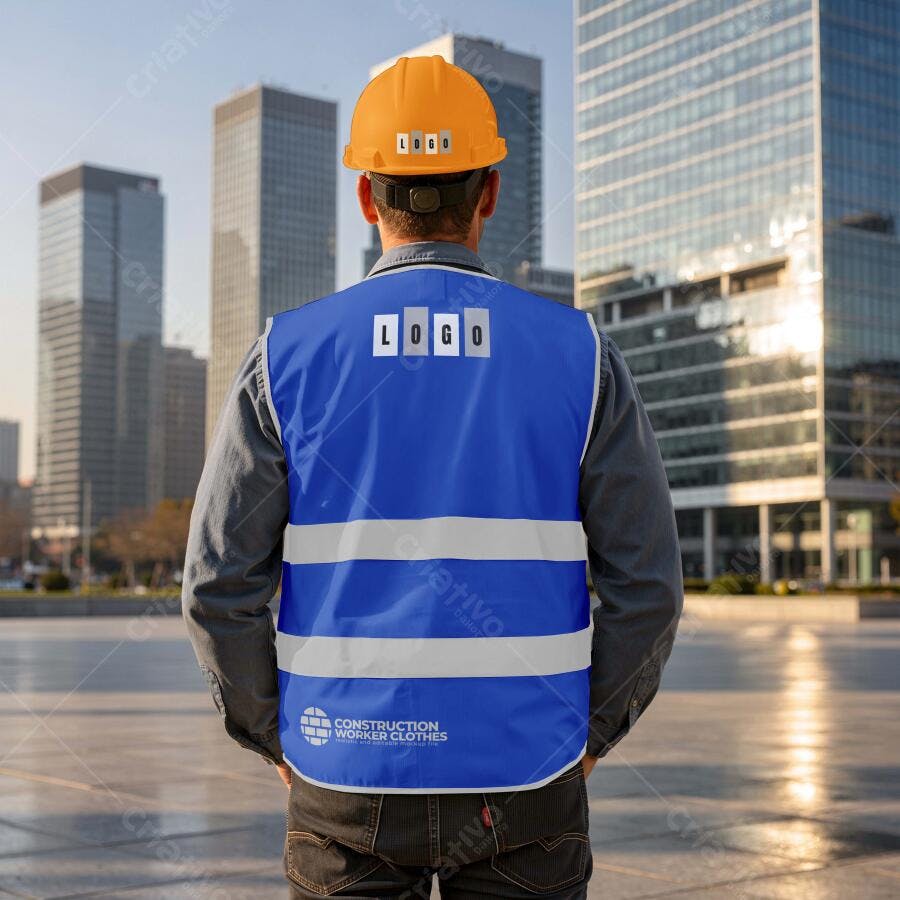 Mockup Colete de Segurança Azul Trabalhador Urbano Editável