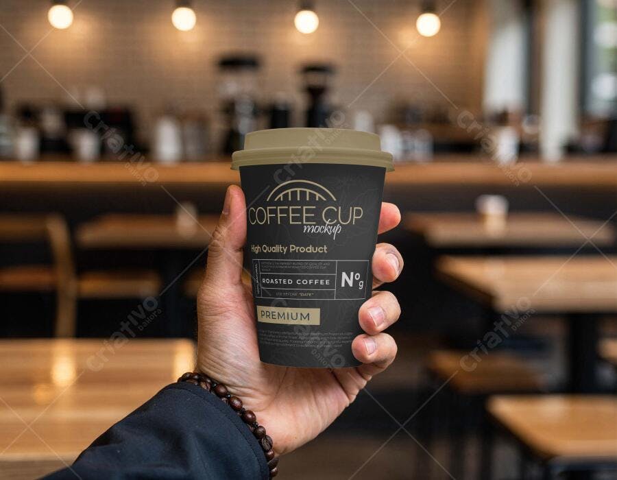 Mockup Copo Café Mãos Segurando Ambiente Cafeteria Editável