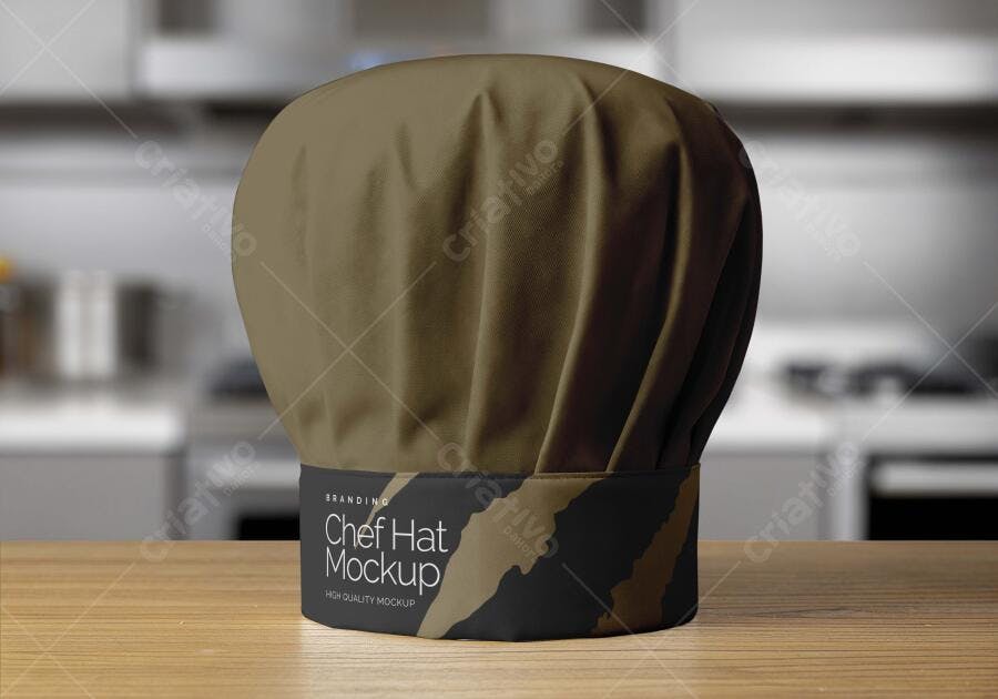 Mockup Realista Chapéu de Chef Cozinha Mesa Madeira Editável