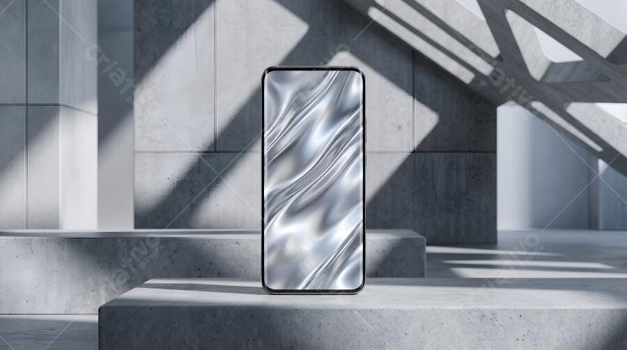Mockup Smartphone Tela Prata Abstrata Fundo Concreto