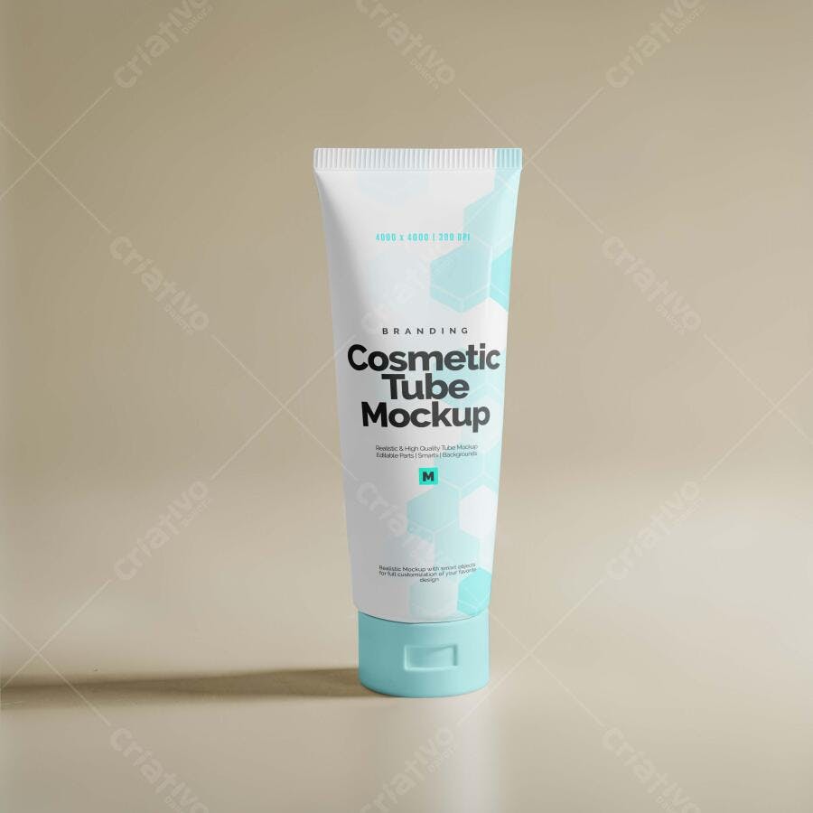 Mockup Tubo Cosmético Plástico Frontal Fundo Neutro Editável