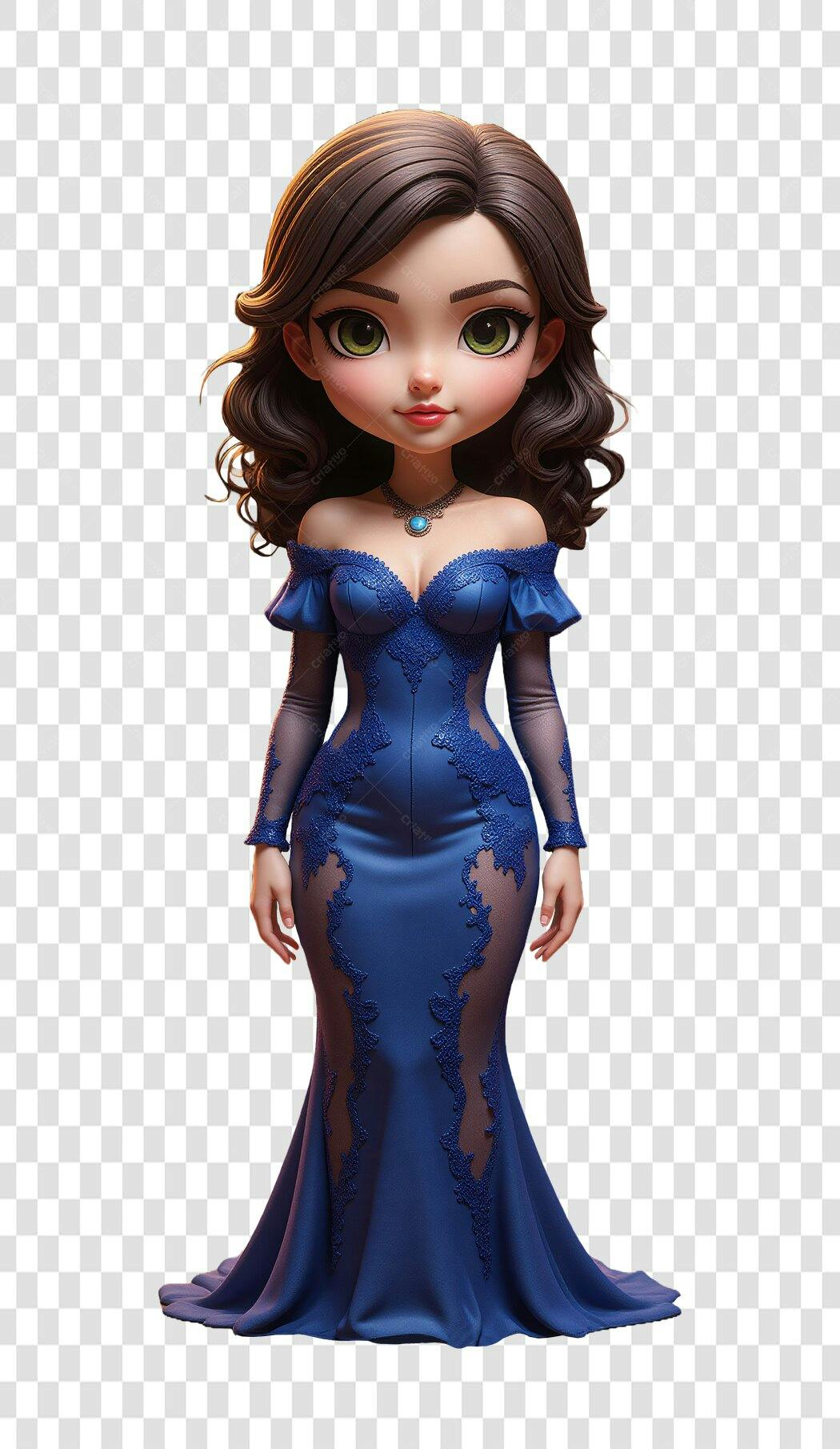 Personagem Ilustrado Mulher Vestido Azul Elegante PNG Fundo Transparente