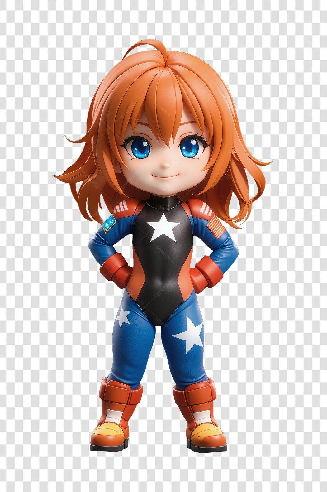 Personagem Ilustrado Super-Heroína Chibi Azul Vermelho PNG Fundo Transparente