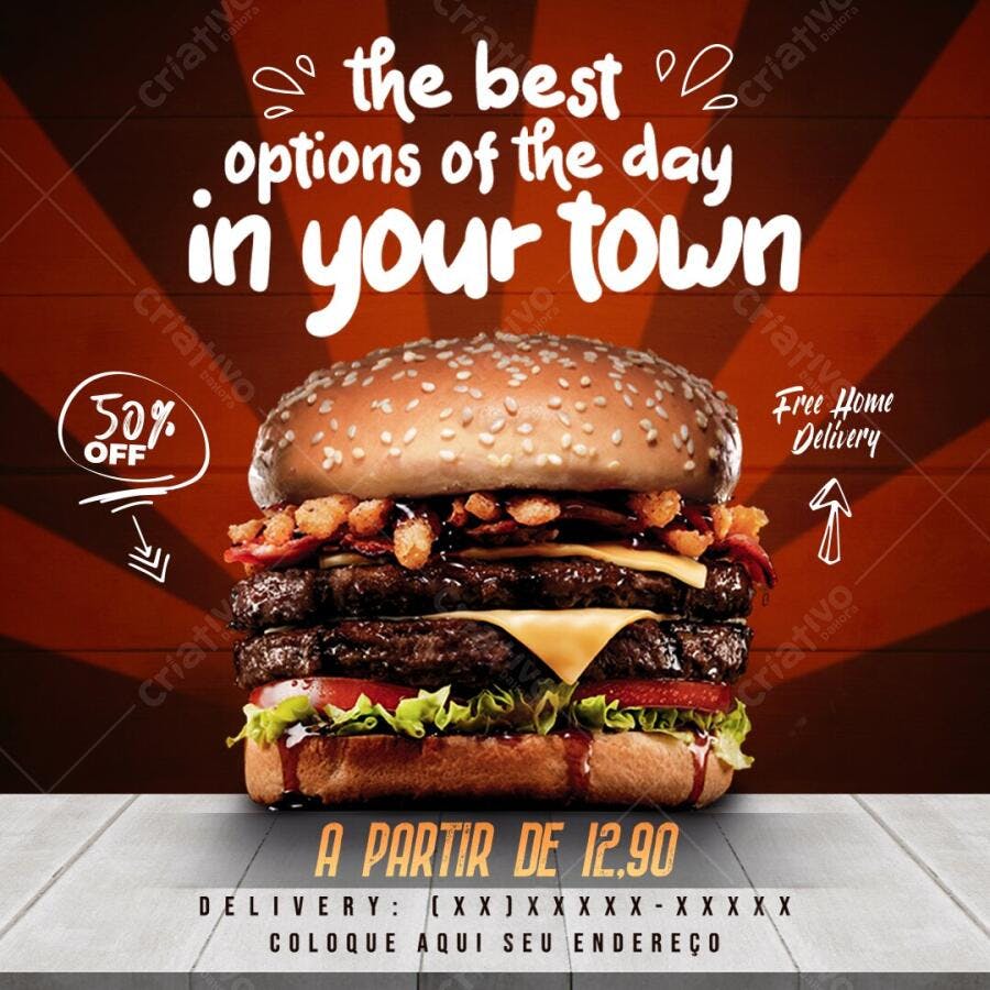 Post Instagram Hamburgueria Promoção Delivery PSD Editável