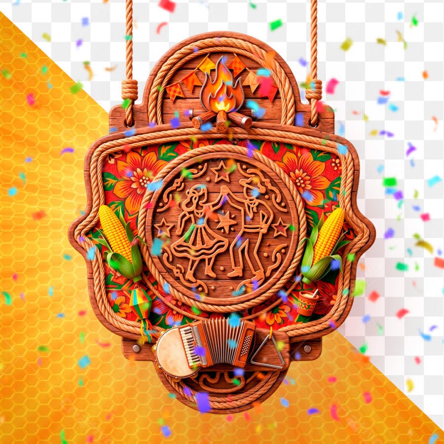 Selo 3D Festa Junina Arraial em Madeira PNG Transparente