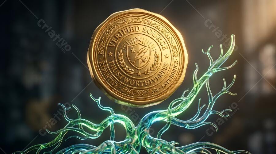 Selo Dourado Verified Source Raízes Brilhantes Fundo Escuro