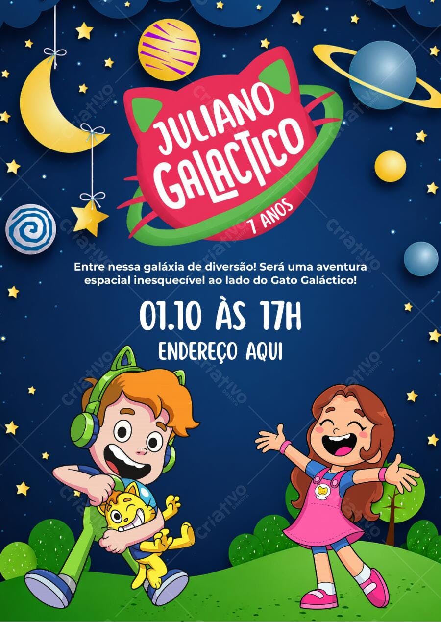 Convite Aniversário Gato Galáctico 7 Anos Editável