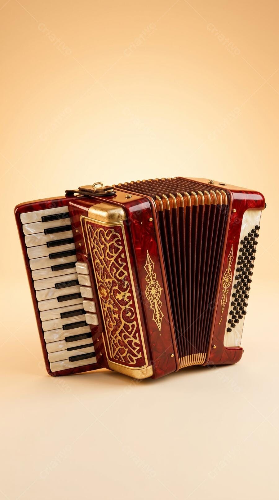 Foto Acordeão Vermelho Dourado Instrumento Musical Fundo Neutro