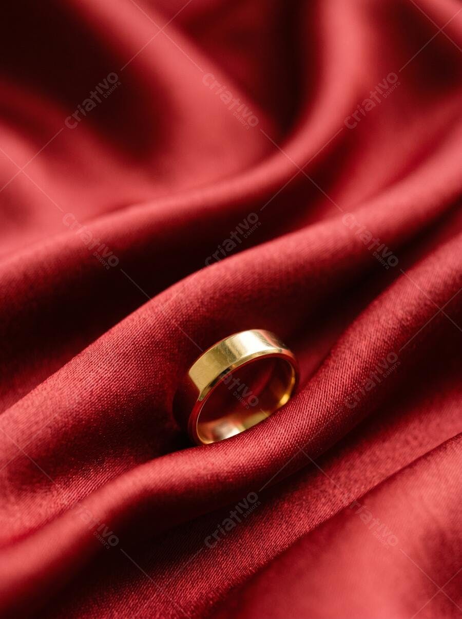 Foto Aliança Dourada Anel Casamento Tecido Vermelho Cetim
