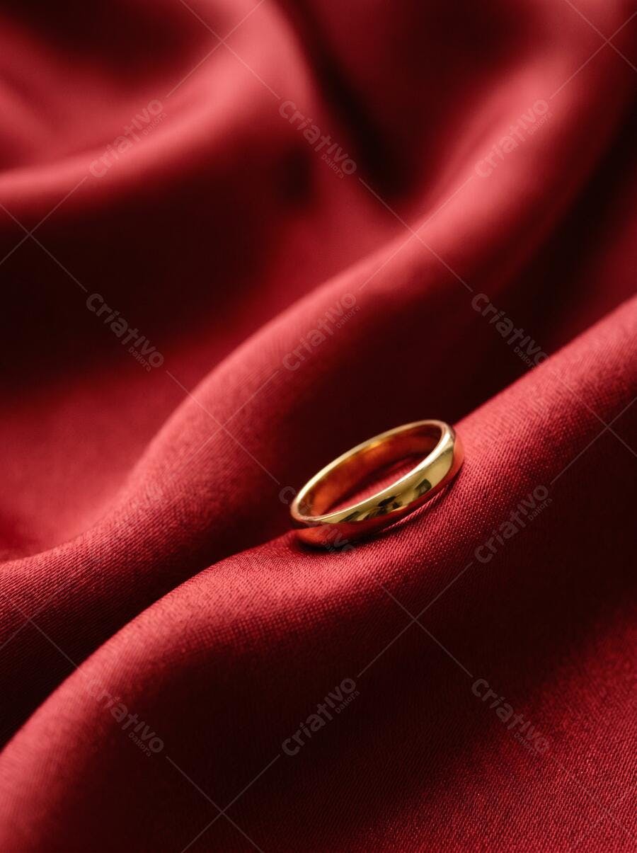 Foto Aliança Dourada Anel Casamento Tecido Vermelho Cetim