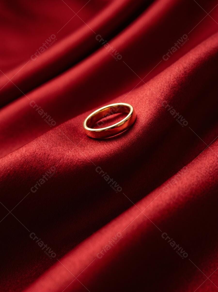 Foto Aliança Dourada Anel Casamento Tecido Vermelho Cetim