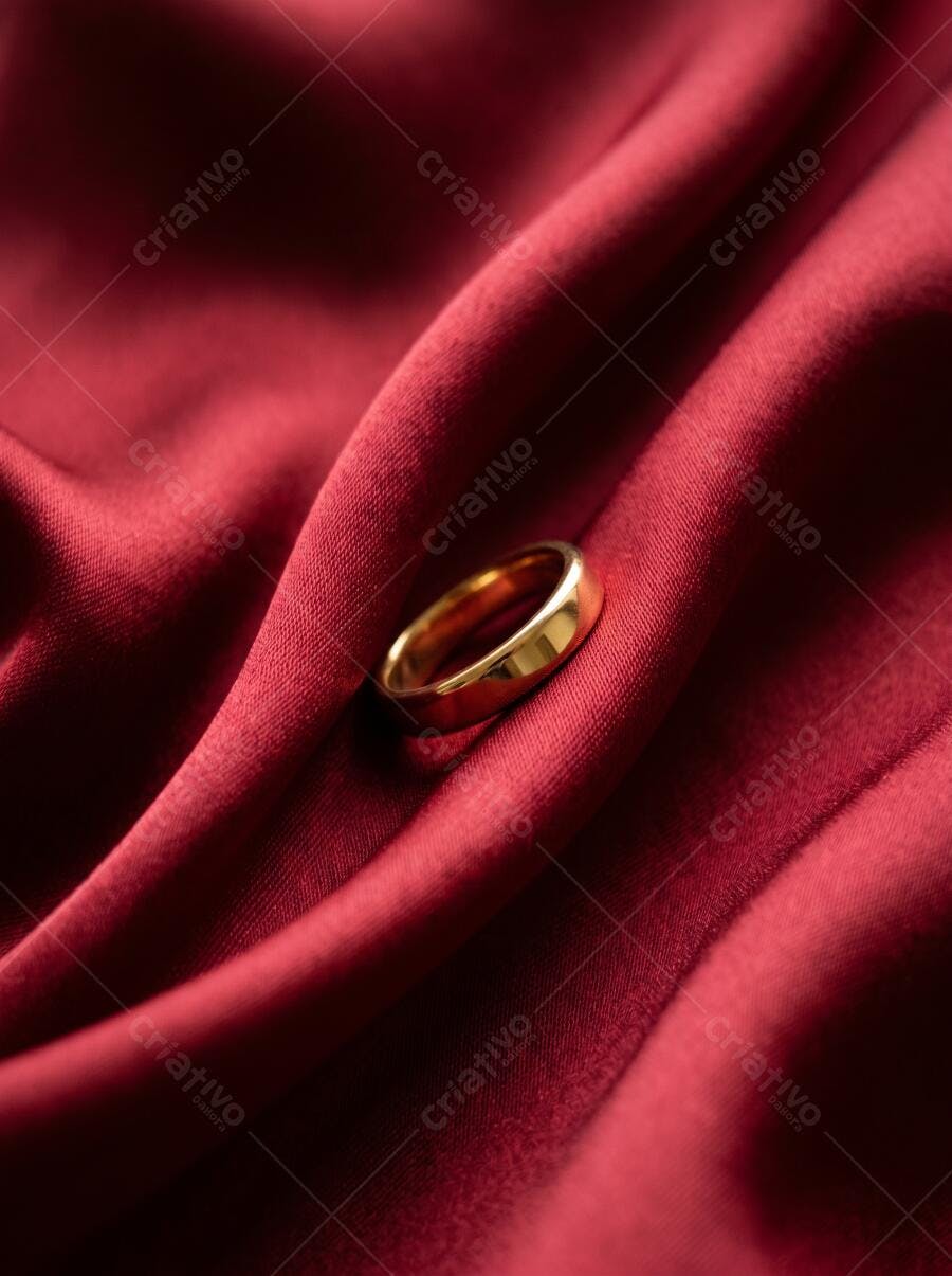 Foto Anel Dourado Aliança Casamento Tecido Vermelho Cetim