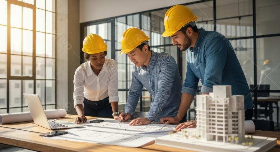 Foto Arquitetos Engenheiros Analisando Planta Baixa Escritório