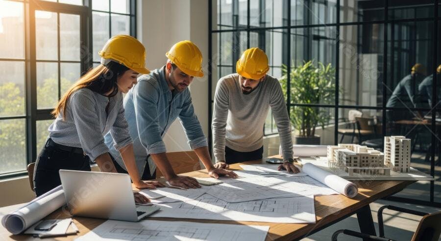 Foto Arquitetos Engenheiros Analisando Planta Projeto Construção