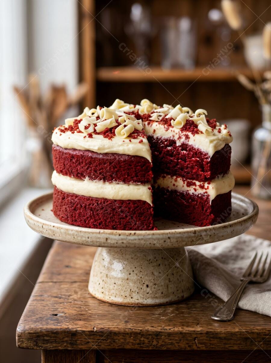 Foto Bolo Red Velvet Fatiado Cobertura Creme Branco Mesa Rústica