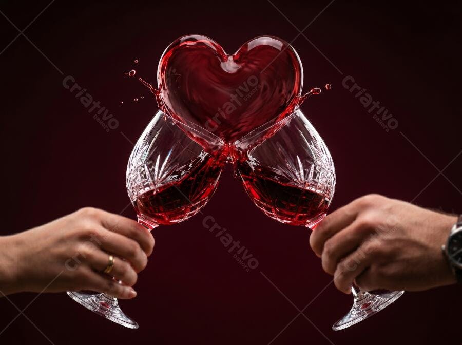 Foto Brinde Vinho Tinto Coração Casal Romântico Dia dos Namorados