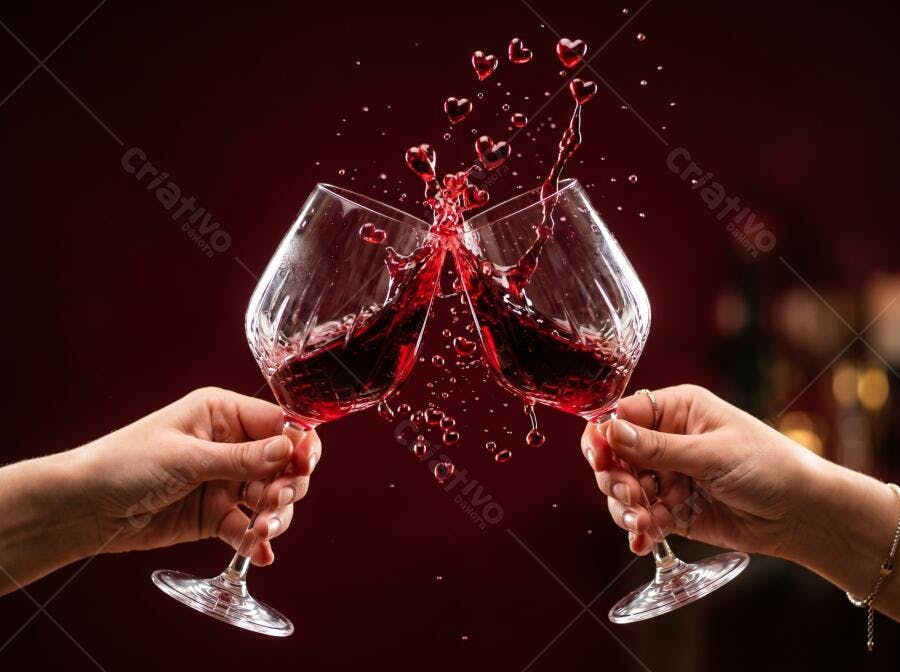 Foto Brinde Vinho Tinto Taças Corações Fundo Vermelho Escuro