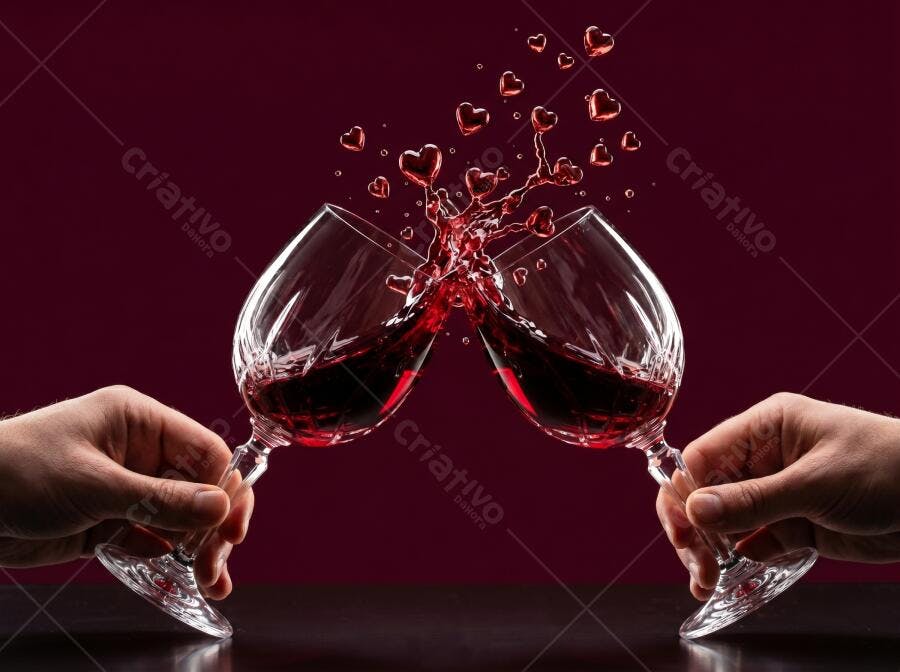 Foto Brinde Vinho Tinto Taças Corações Fundo Vermelho