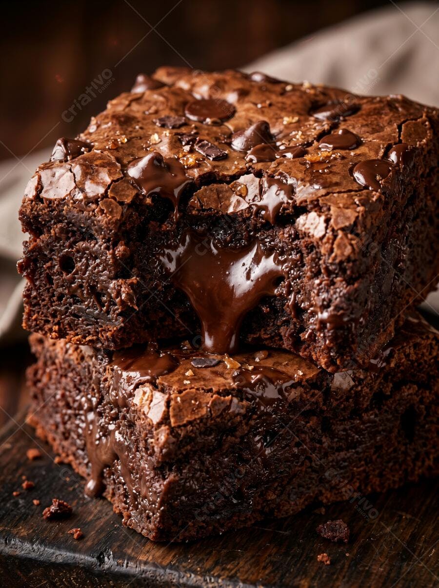 Foto Brownie de Chocolate com Gotas e Calda Derretida