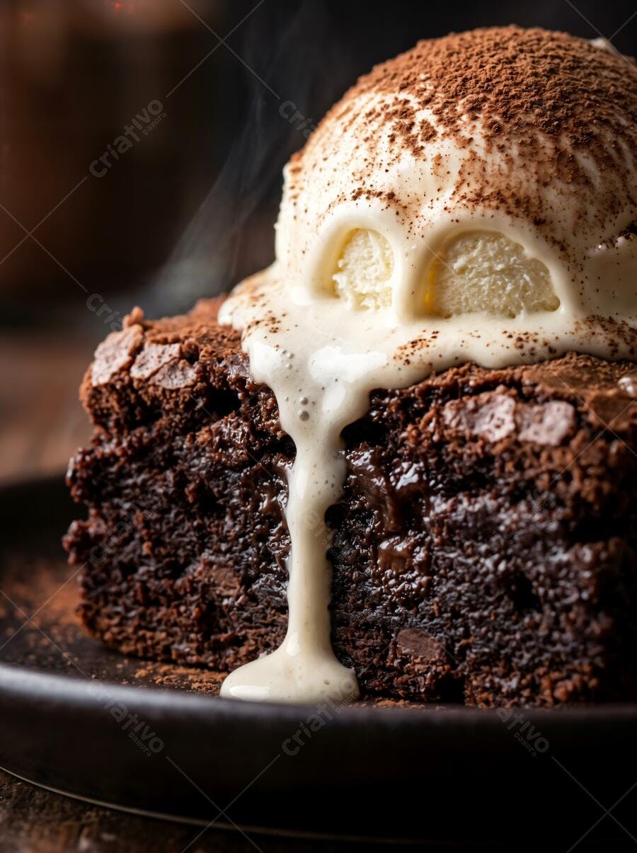 Foto Brownie Quente com Sorvete Derretendo e Cacau em Pó