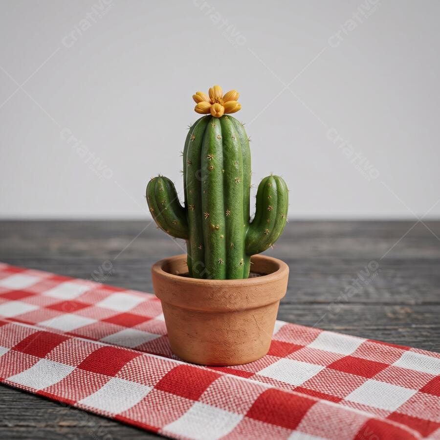 Foto Cacto Decorativo Vaso Cerâmica Toalha Xadrez Vermelho