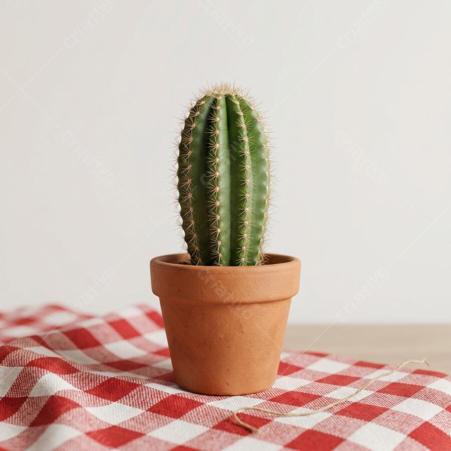 Foto Cacto Pequeno Vaso de Barro Toalha Xadrez Vermelha