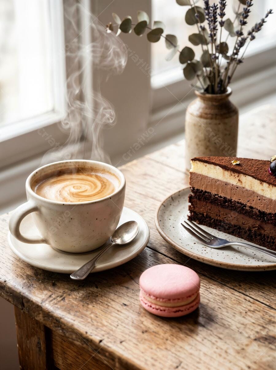 Foto Café Cappuccino Quente Bolo Chocolate Macaron Mesa Rústica