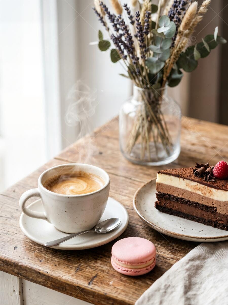 Foto Café Espresso Bolo Chocolate Macaron Mesa Rústica