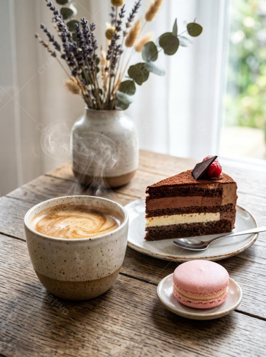 Foto Café Macchiato Bolo Chocolate Macaron Mesa Madeira