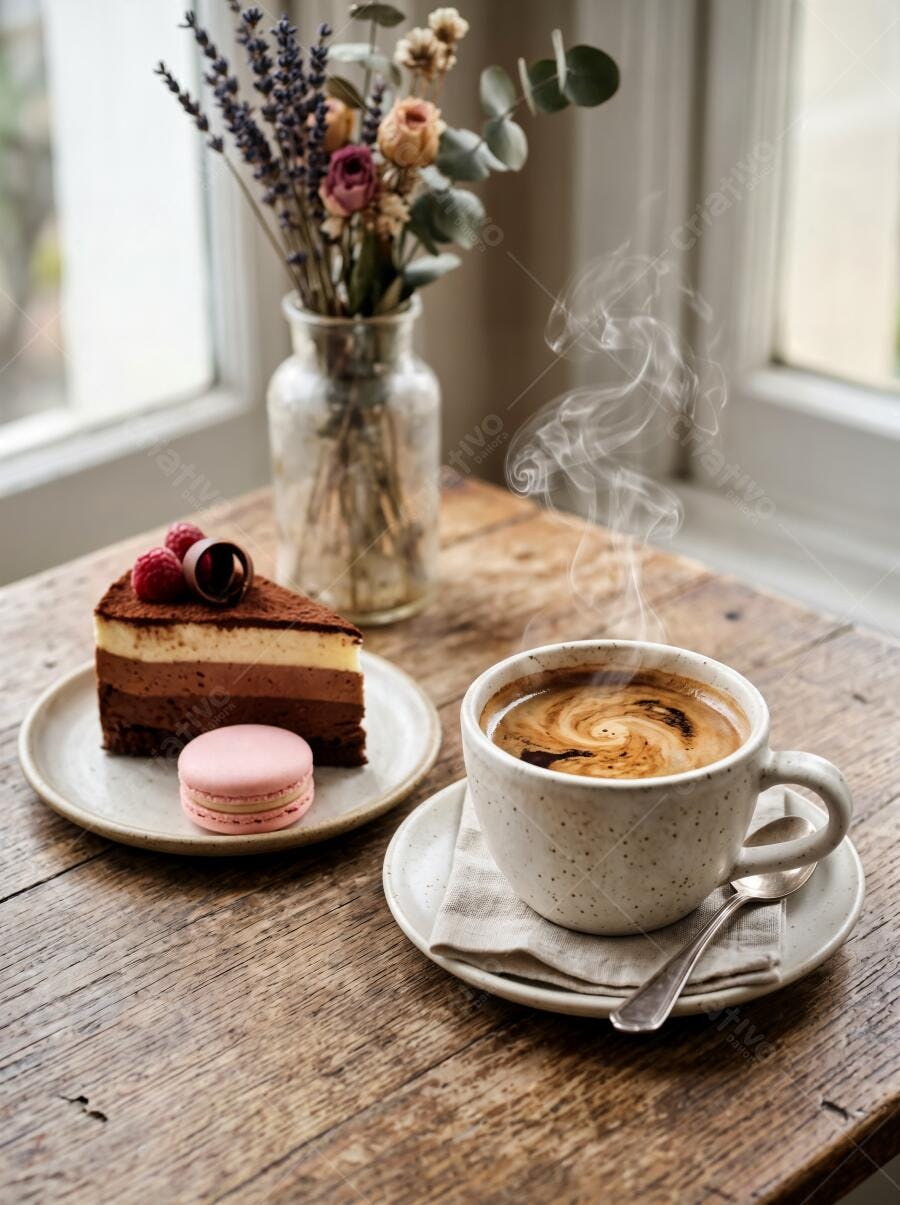 Foto Café Quente Bolo Chocolate Macaron Mesa Madeira