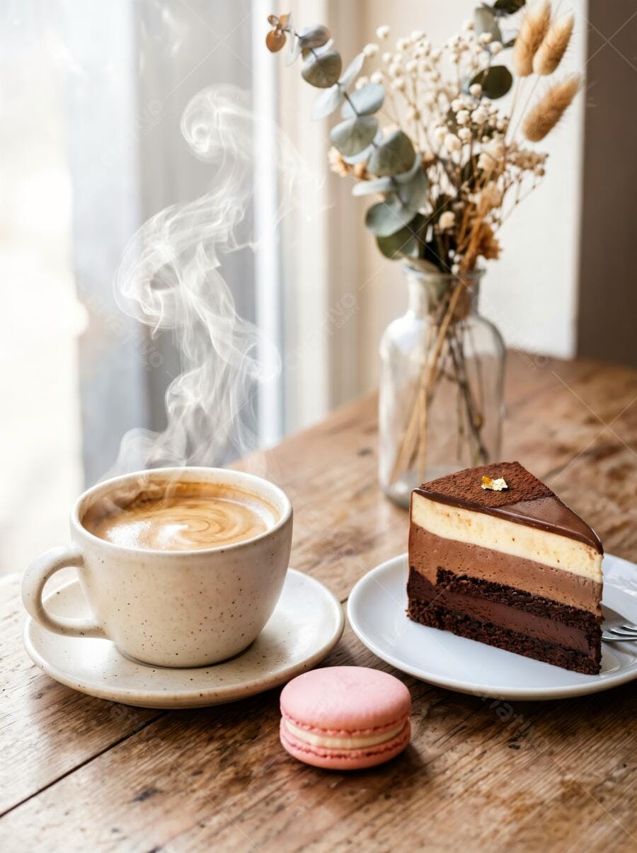 Foto Café Quente Bolo Chocolate Macaron Mesa Madeira