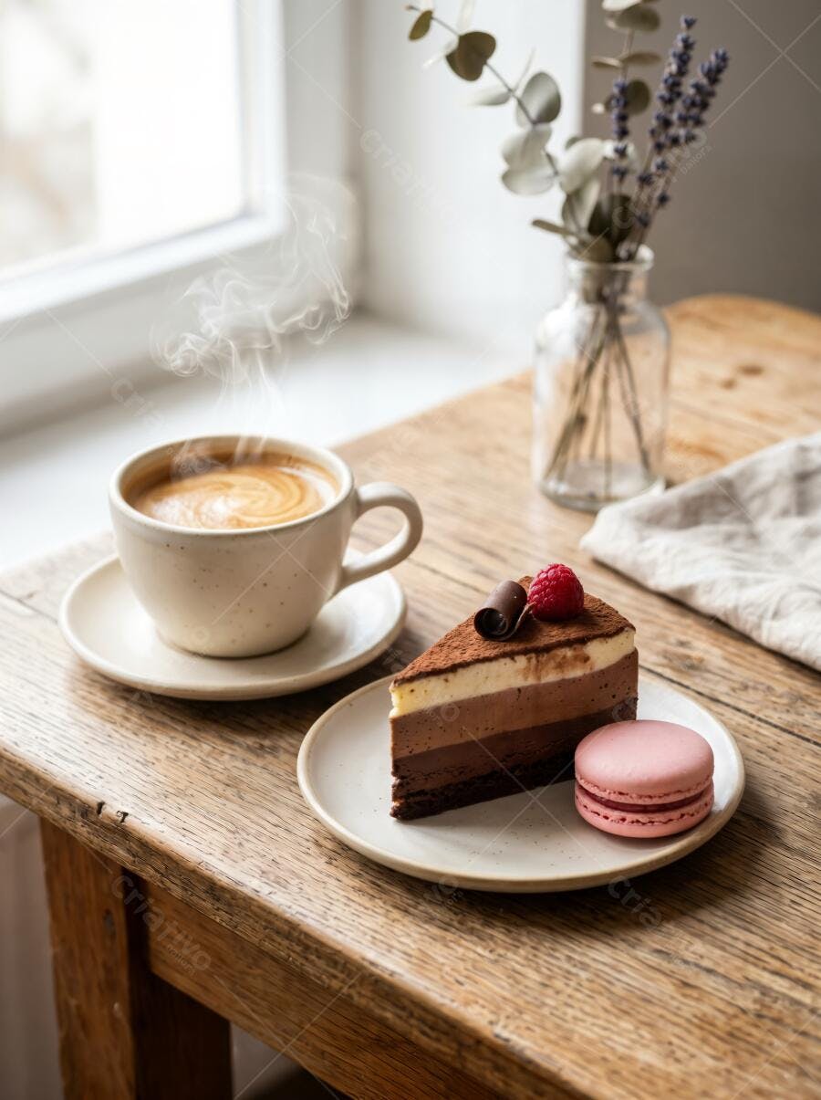 Foto Café Quente Bolo Chocolate Macaron Mesa Rústica