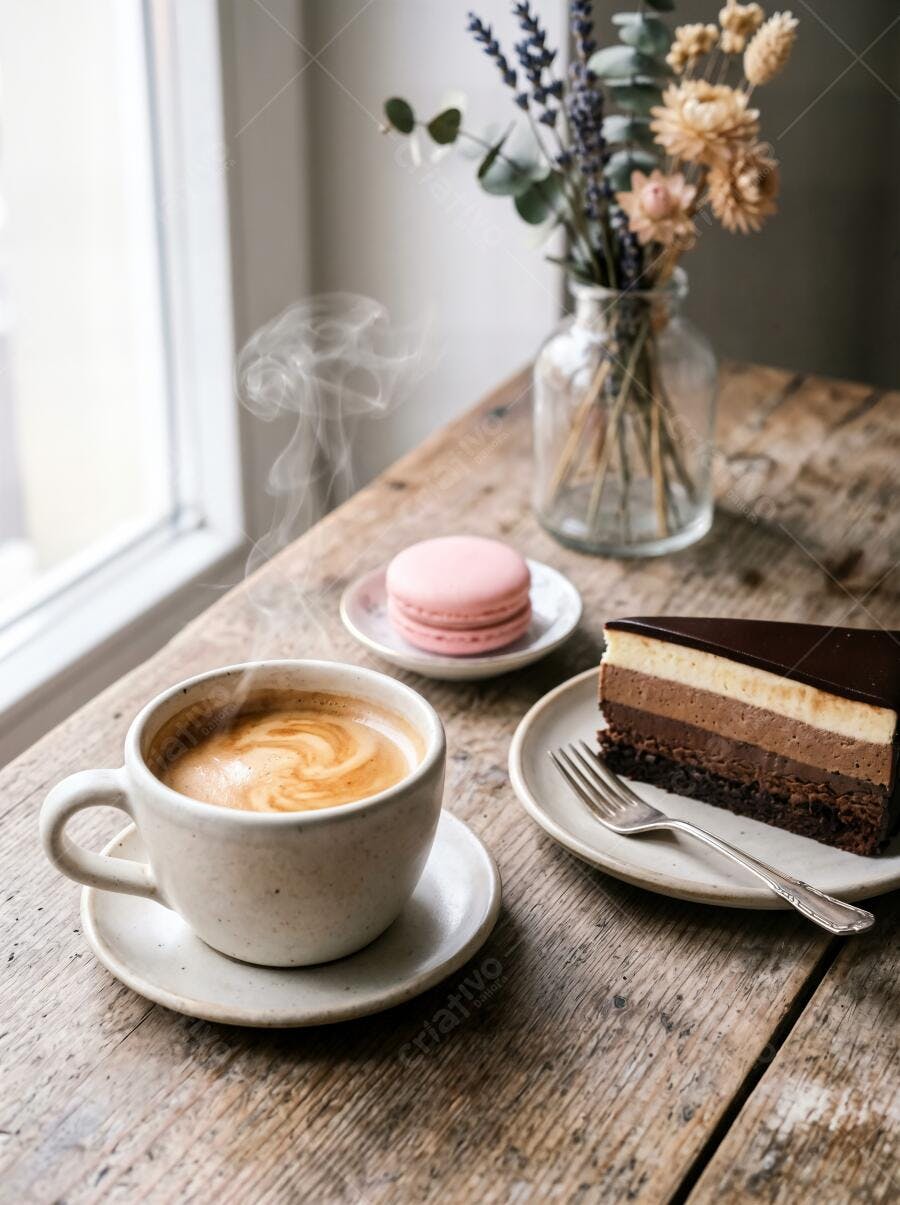 Foto Café Quente Bolo Chocolate Macaron Mesa Rústica